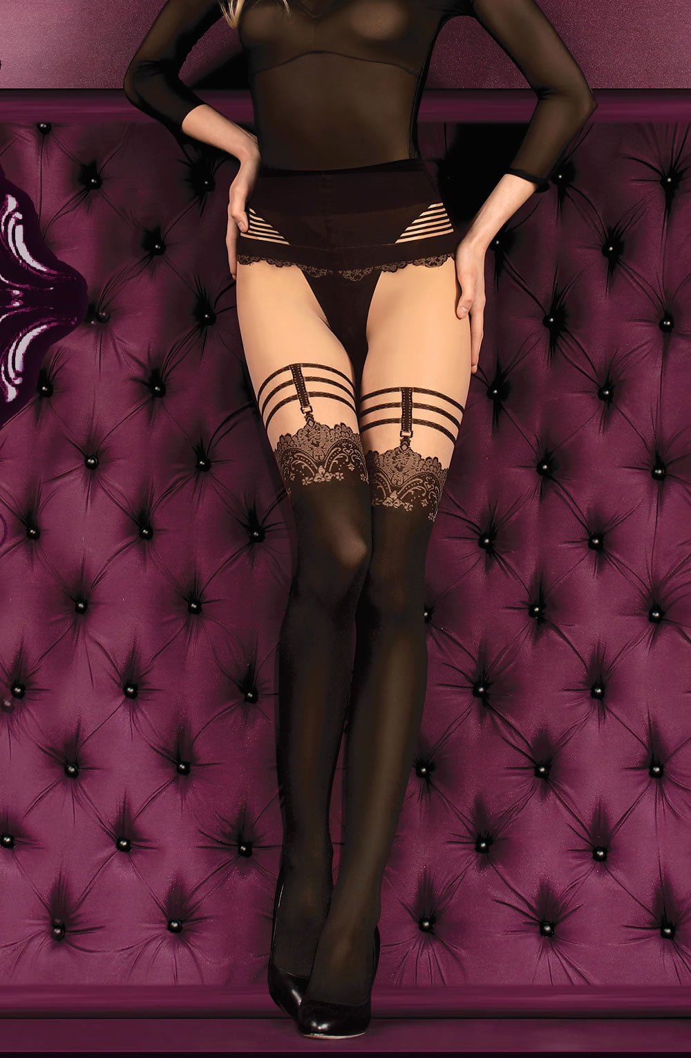 Ballerina Skin Nero Black Tights with Floral and Stripe Pattern Hush Hush Collection