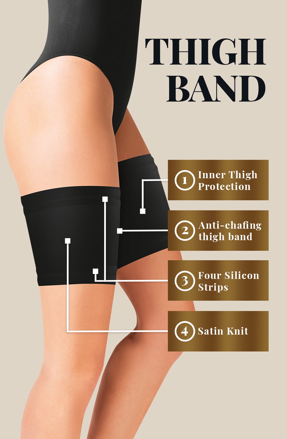 Gabriella Black Satin Thigh Band Self-Supporting Anti-Chafing Band