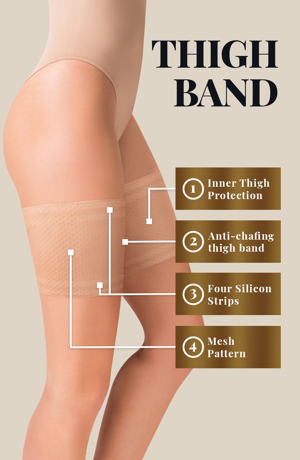 Gabriella Beige Mesh Thigh Band – Breathable Self-Supporting Anti-Chafing Band