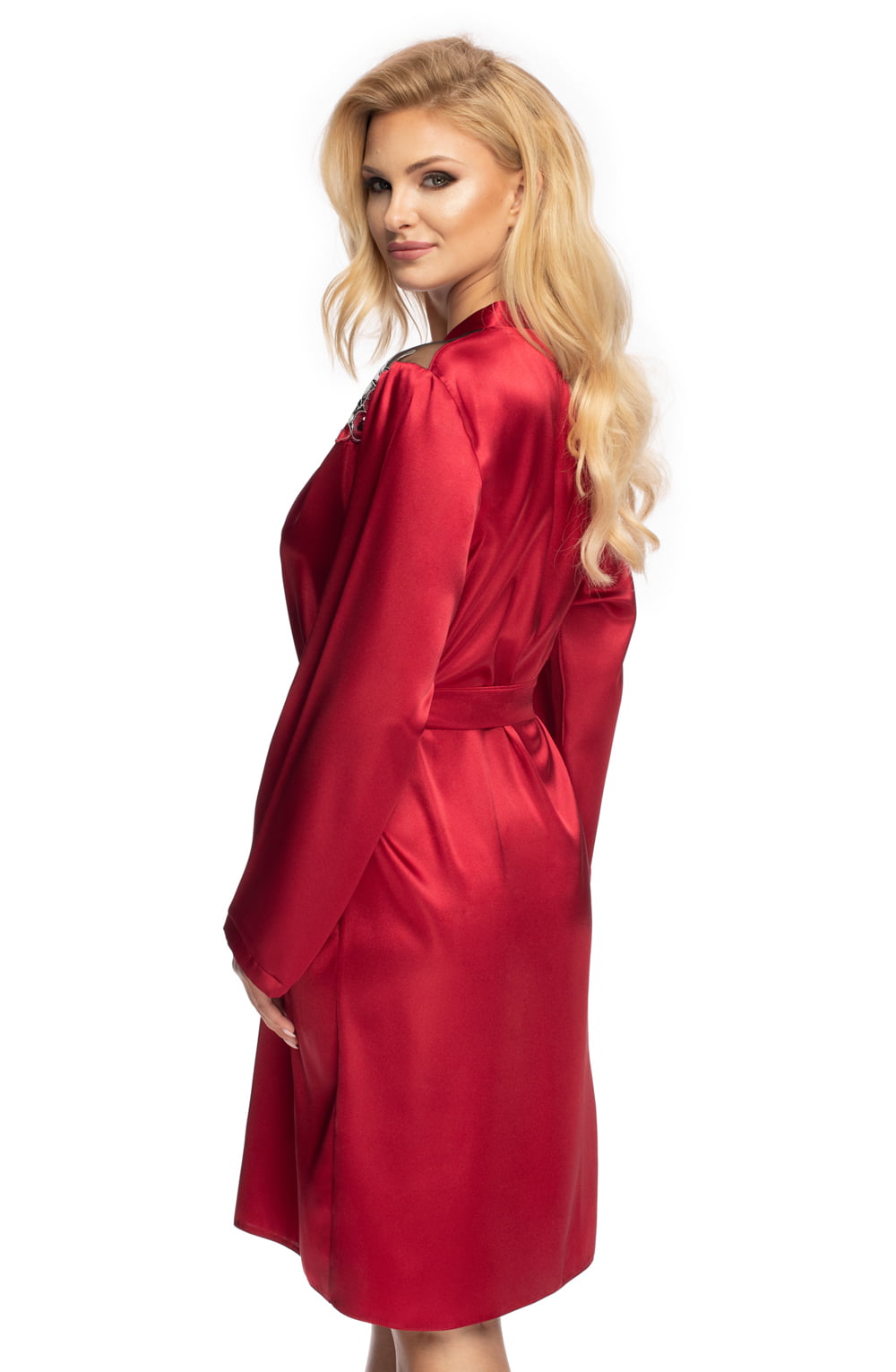 Irall Elodie Burgundy Satin Dressing Gown with Embroidered Lace and Satin Belt