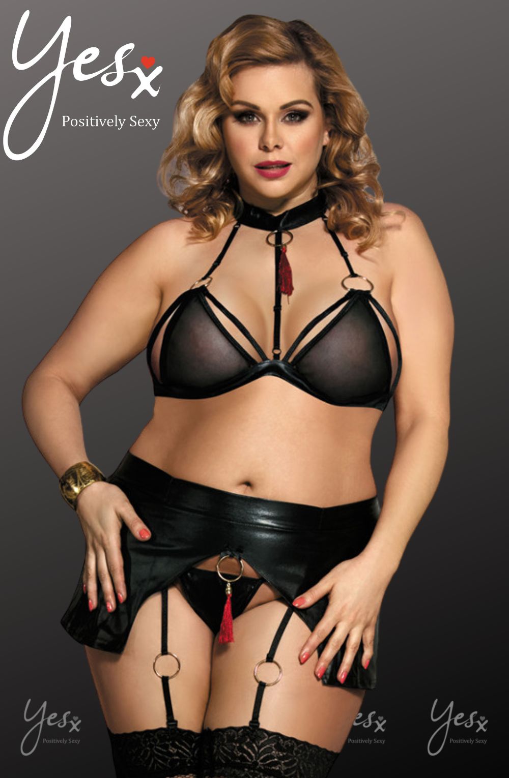 YesX Black Halter Neck Bra Set with Matching Brief and Skirt waist detail Straps