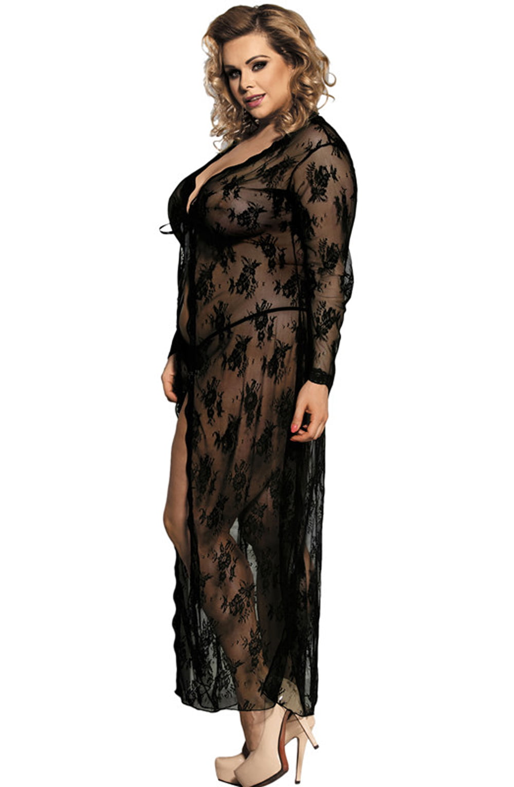 YesX Long Black Lace Dressing Gown with Matching Matching Brief and Ribbon Tie Front Set