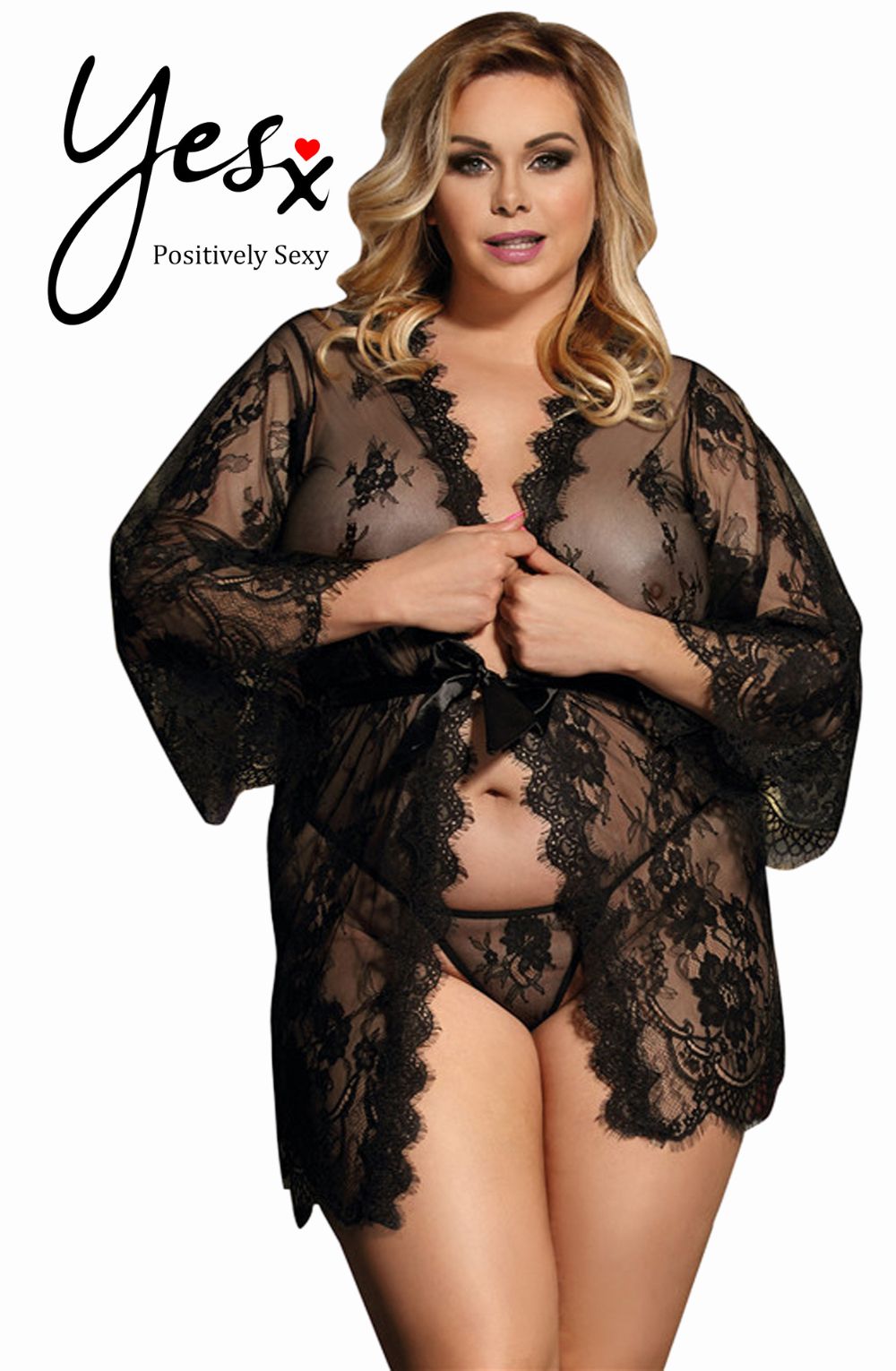 YesX Black Lace Robe Set with Satin Ribbon Tie and Matching Matching Brief - Sizes Up to 6XL