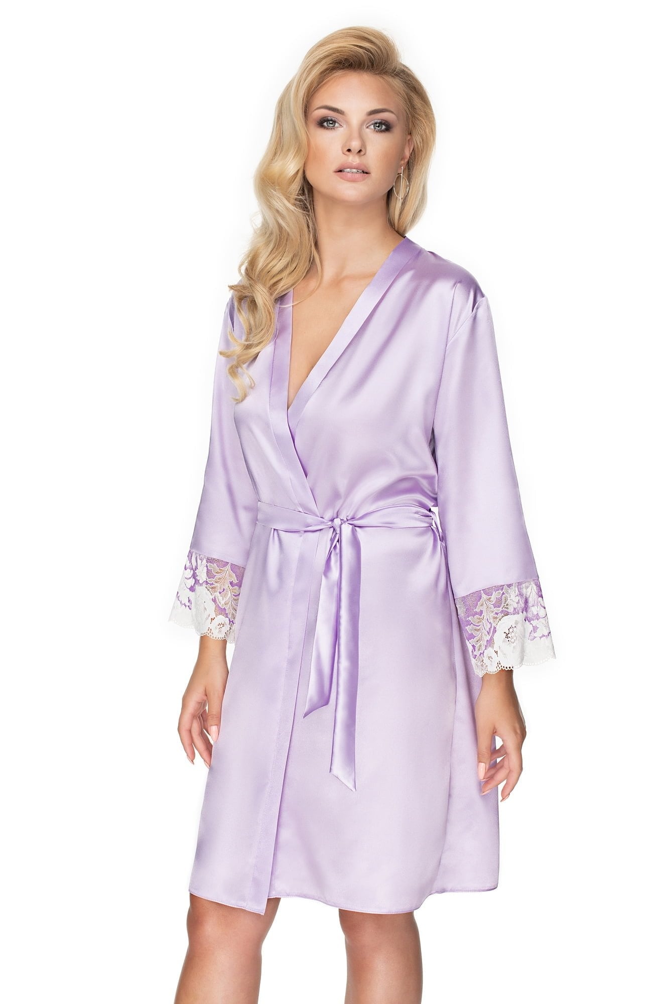 Irall Andromeda Lavender Satin Dressing Gown with Floral Lace Trim