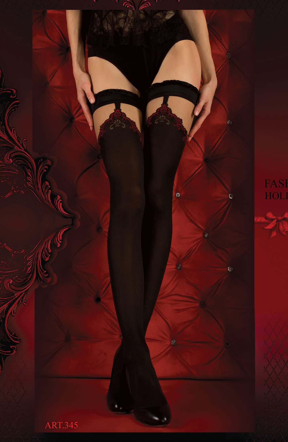 Ballerina Nero Black Hold Ups with Red Ruffle Design in Luxury Packaging