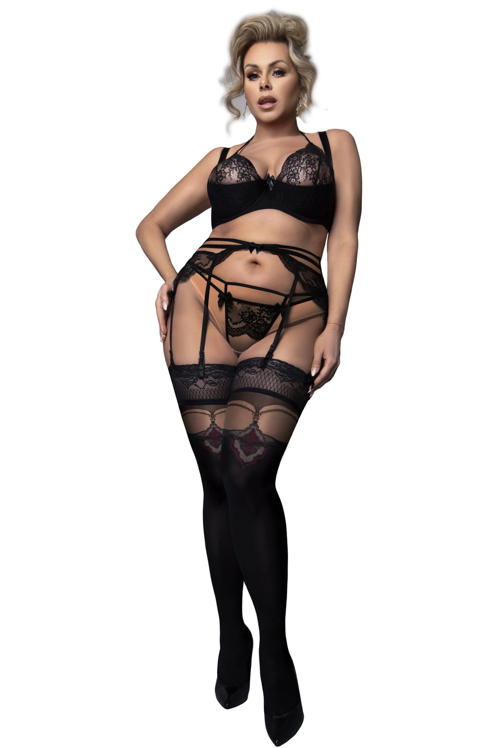Ballerina Plus Size Black Hold Ups with Faux waist detail Detail