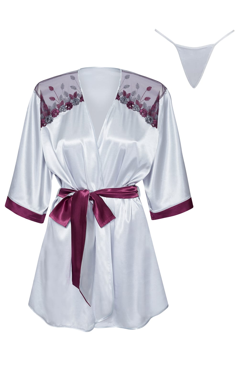Beauty Night Summer Peignoir Silver Satin Robe with Burgundy Accents and Matching Set - Bodybloom