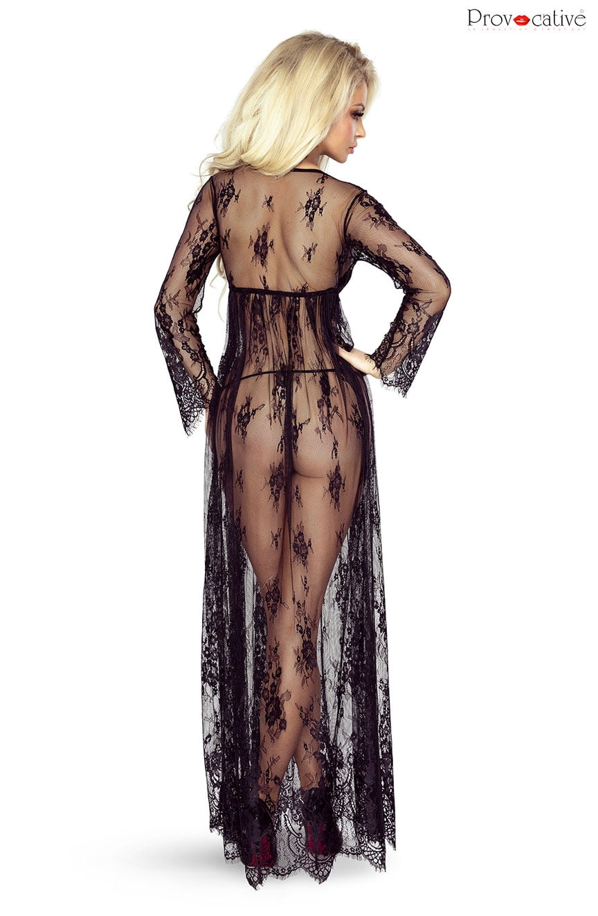 So Elegant Black Lace Robe with Matching Matching Brief Full Length Set