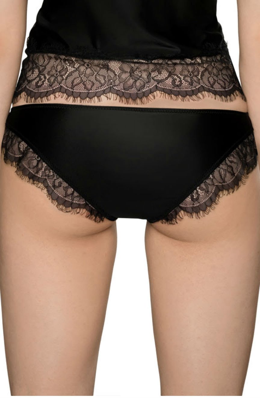 Roza Sija Black Satin Brief with Eyelash Lace and Diamante Trim