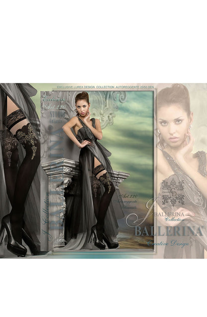 Ballerina Nero Semi Opaque Hold Up Stockings with Embroidered Scalloped Gold Lurex Top