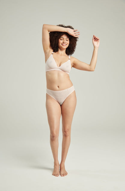 lightweight mesh Deco High Leg Brief Blush Pink with Soft Recycled Lace