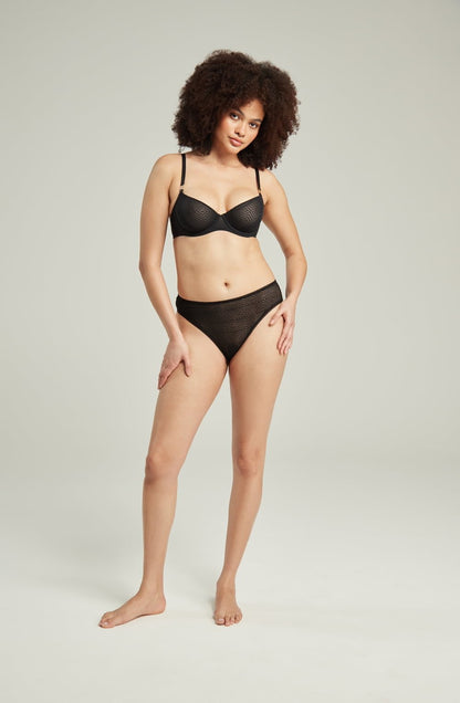 lightweight mesh Deco High Leg Brief Black – Soft Recycled Lace, Flattering Fit