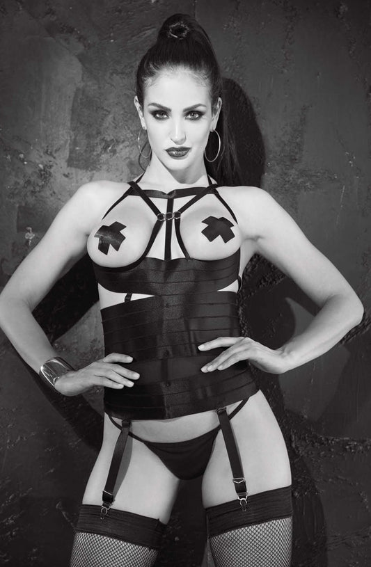 Shirley of Hollywood Bustier with Strappy Detailing and Removable waist details Black