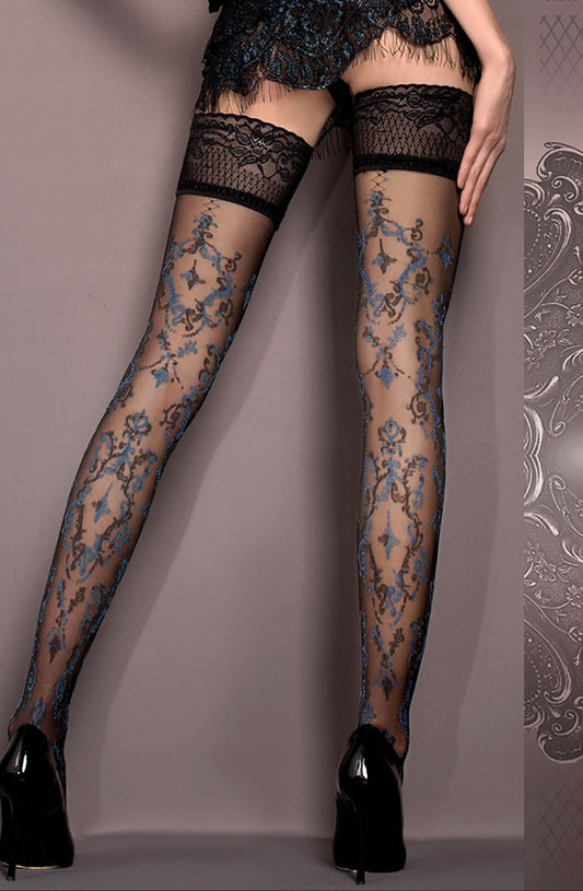 Ballerina Hold Ups Nero Black Blue Patterned with Silicone Strips Hush Hush Collection