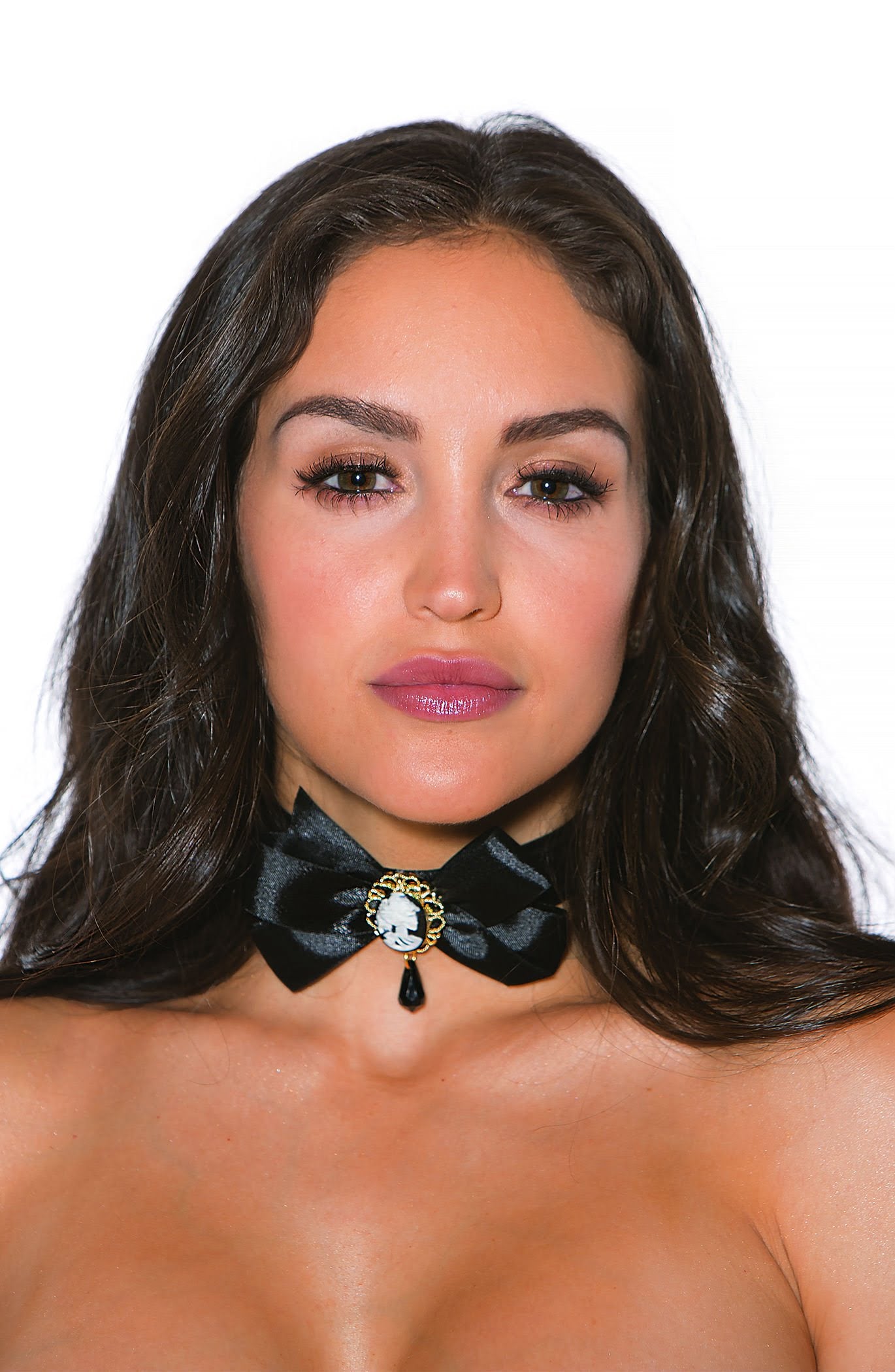 Shirley of Hollywood Black Ribbon Bow Cameo Choker with Skull and Chain Clasp Necklace