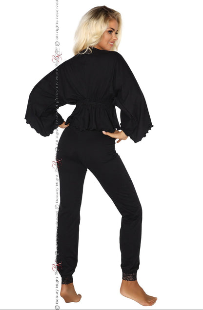 Beauty Night Margot Black Two-Piece Cotton Loungewear Set with Lace Trim