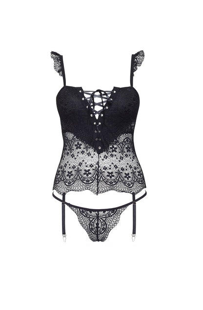 Beauty Night Alena Black Lace-Up Corset with Adjustable waist detail Belts and Matching Brief Set