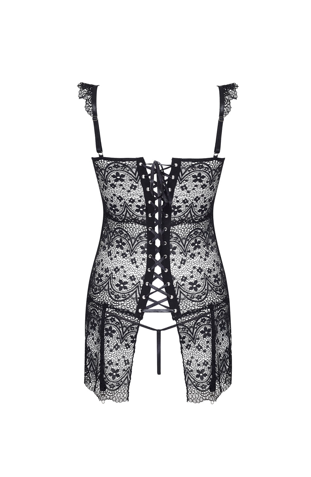 Beauty Night Alena Black Lace-Up Corset with Adjustable waist detail Belts and Matching Brief Set