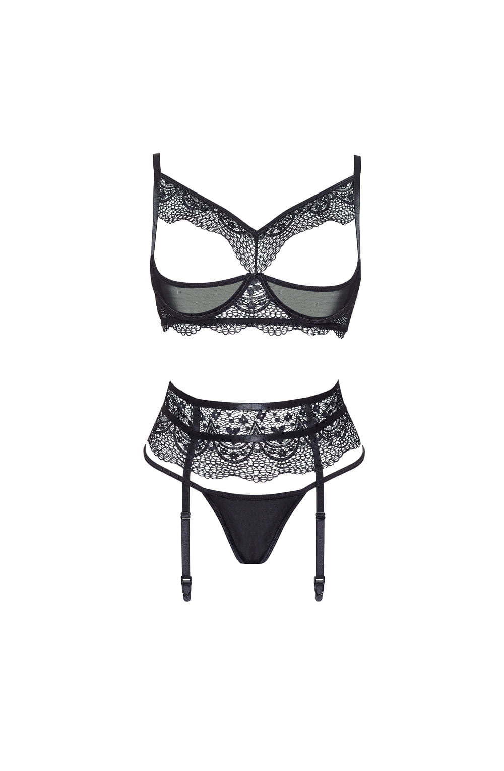 Beauty Night Chiara Black Lace Three-Piece Nightwear Set with Open Cup Bra, waist detail Belt, and Matching Brief