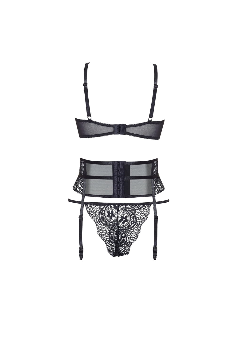 Beauty Night Chiara Black Lace Three-Piece Nightwear Set with Open Cup Bra, waist detail Belt, and Matching Brief