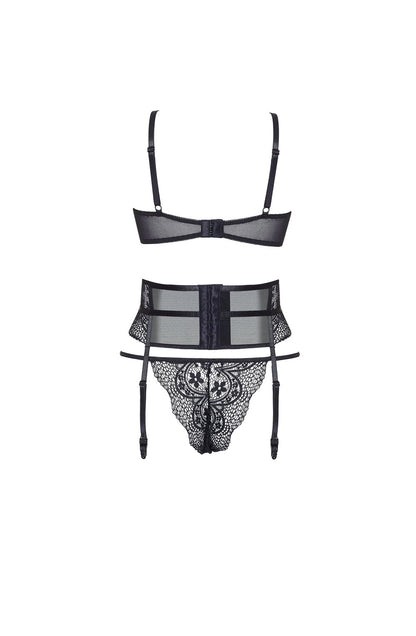 Beauty Night Chiara Black Lace Three-Piece Nightwear Set with Open Cup Bra, waist detail Belt, and Matching Brief