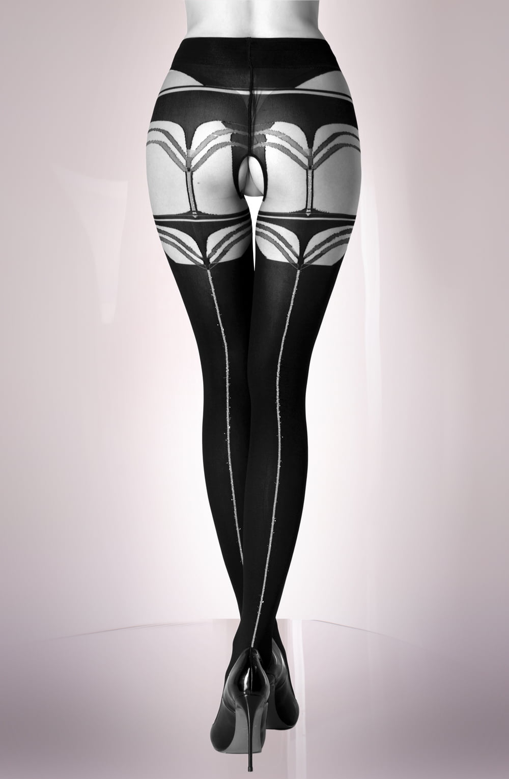 Black Mesh Design Tights with Faux Brief, waist detail Belt, Straps & Back Seam