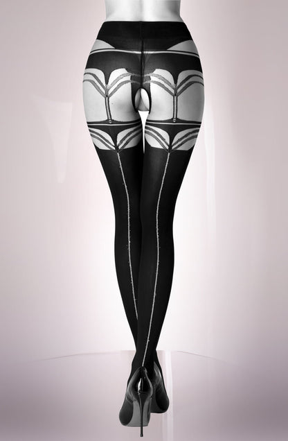 Black Mesh Design Tights with Faux Brief, waist detail Belt, Straps & Back Seam