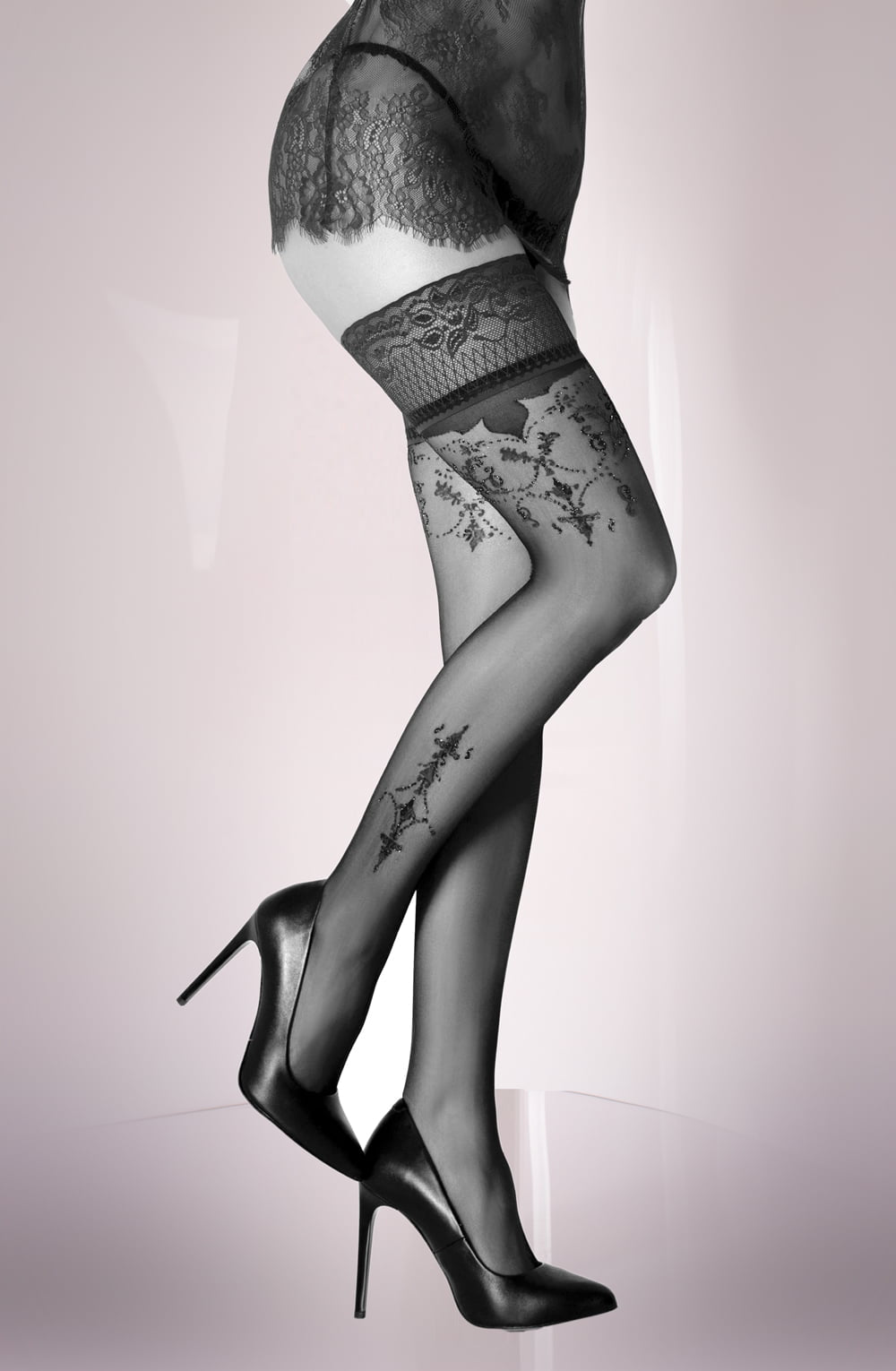 Black Secret lightweight mesh Hold Ups with Bordeaux Lace Top Detailing