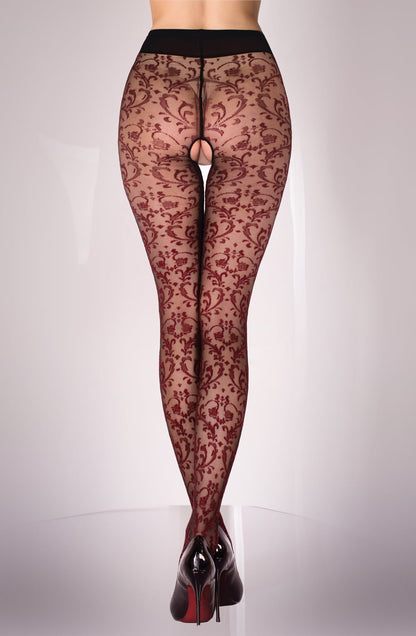 Black Tights with Bordeaux All-Over Design and Mesh Design