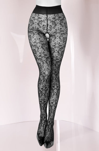 Black Tights with Bordeaux All-Over Design and Mesh Design