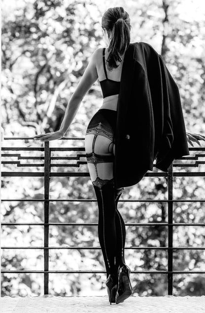 Black Tights with Faux waist detail Belt and Contrasting Back Seam