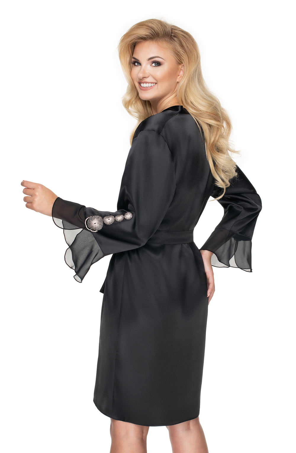 Irall Cleopatra Satin Dressing Gown with Embroidered Chiffon Cuffs and Black Tie Belt