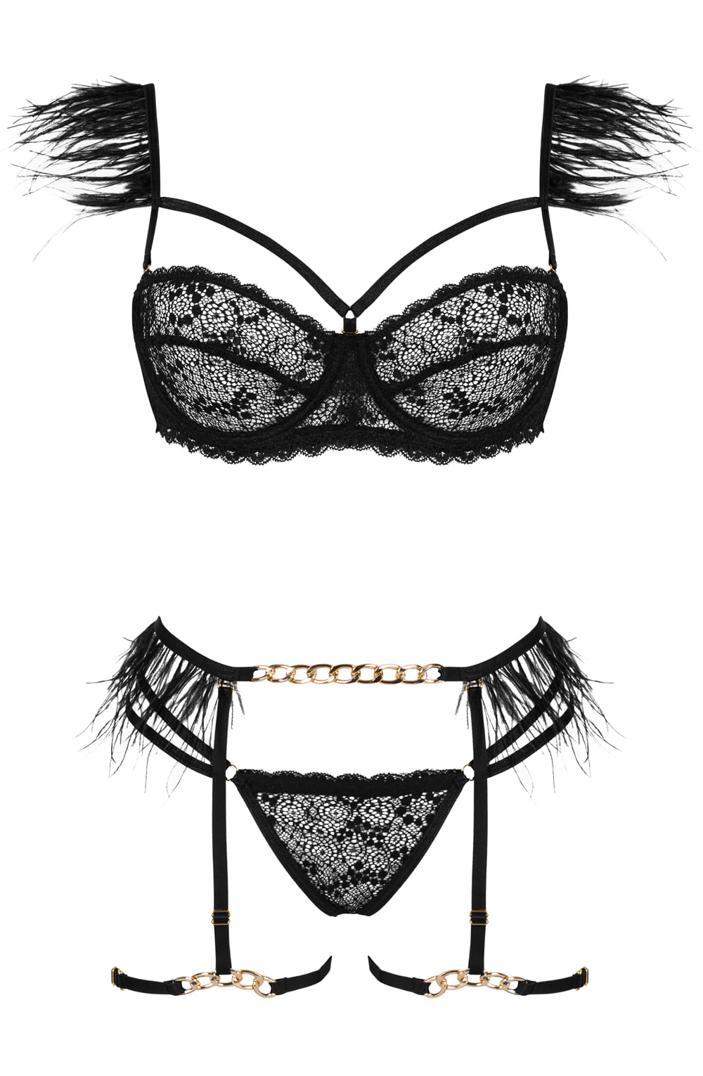 Beauty Night Crystal Black Nightwear Set with Feather and Chain Accents