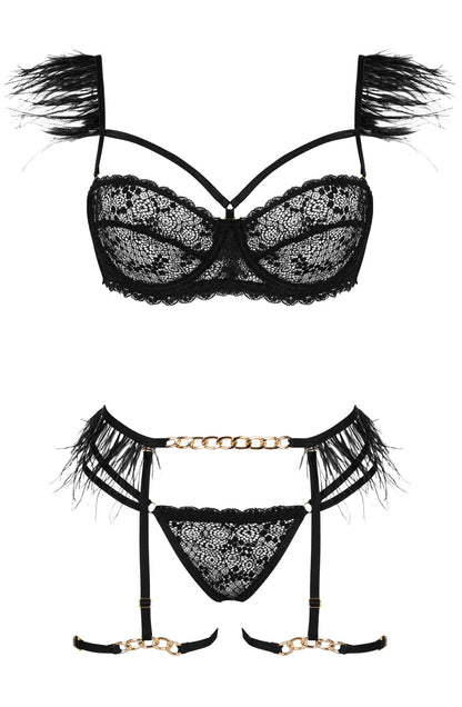 Beauty Night Crystal Black Nightwear Set with Feather and Chain Accents