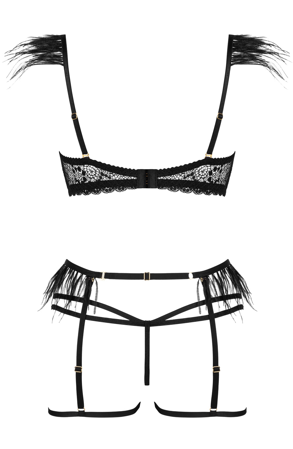 Beauty Night Crystal Black Nightwear Set with Feather and Chain Accents