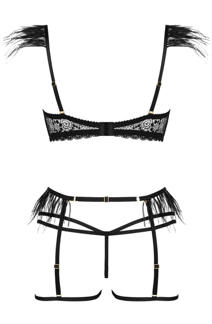 Beauty Night Crystal Black Nightwear Set with Feather and Chain Accents