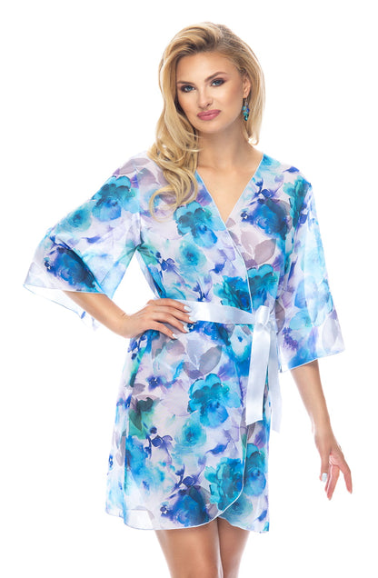 Irall Kasumi Dressing Gown Blue with Satin Belt and Floral Design