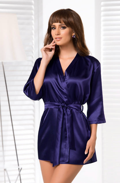 Irall Aria Navy Satin Dressing Gown with Waist Belt