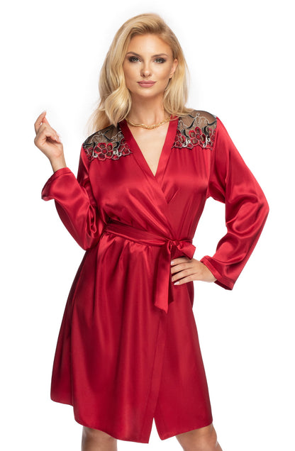 Irall Elodie Burgundy Satin Dressing Gown with Embroidered Lace and Satin Belt