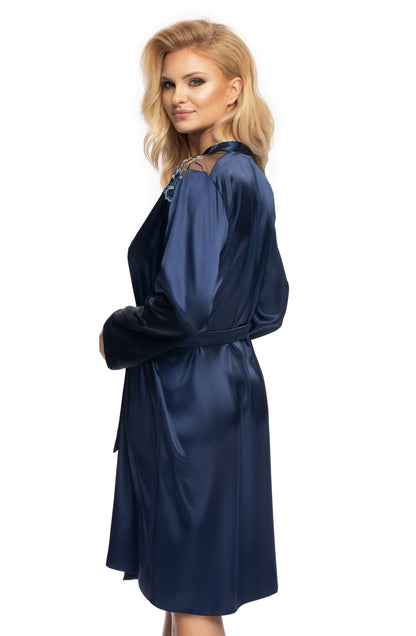 Irall Elodie Navy Satin Dressing Gown with Embroidered Lace and Satin Belt