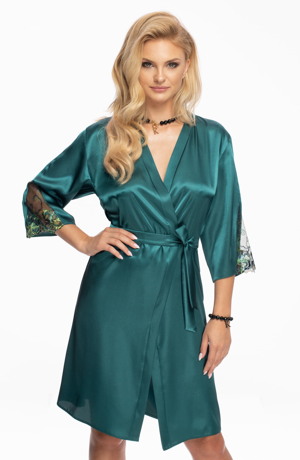 Irall Nikita Jade Satin Dressing Gown with Floral Embroidery and Belt