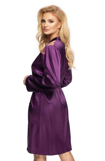 Irall Shelby Purple Satin Dressing Gown with Floral Embroidery for Women