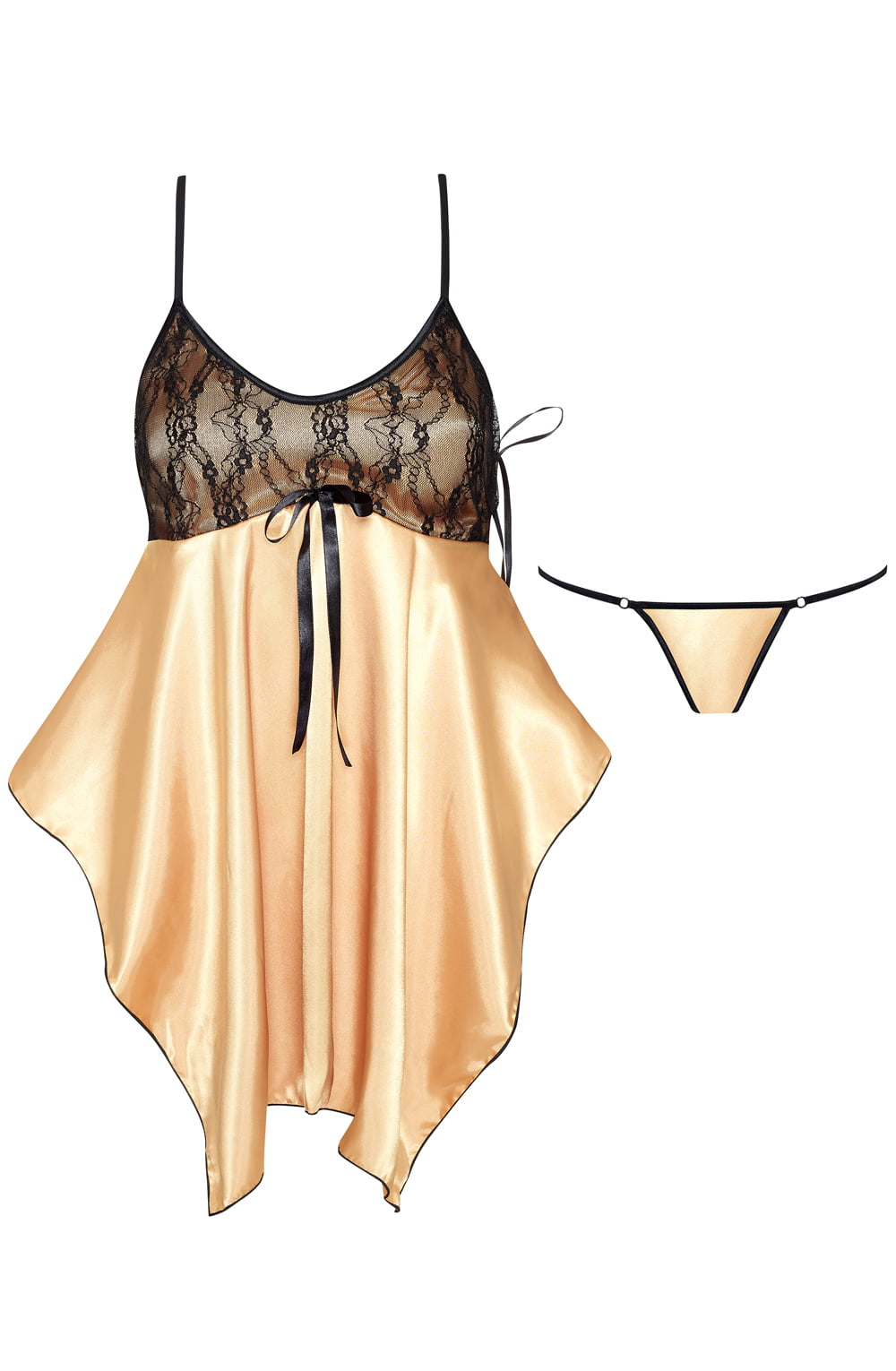 Beauty Night Julieta Gold Satin Chemise with Black Lace and Matching Matching Brief Set