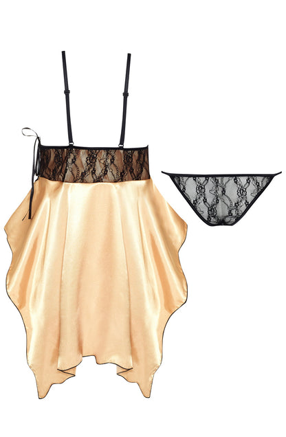 Beauty Night Julieta Gold Satin Chemise with Black Lace and Matching Matching Brief Set