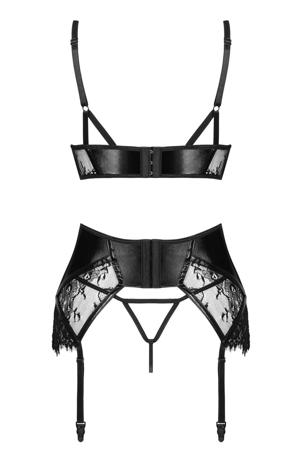 Beauty Night Leonela Lace and Wet-Look Bra, waist detail Belt & Panty Set in Black