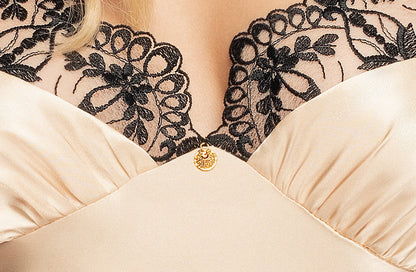 Irall Mallory Champagne Satin Nightdress with Black Embroidery and Gold Zircon Ornament