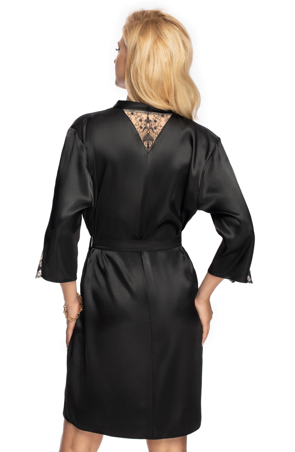 Irall Mallory Black Satin Dressing Gown with Embroidered Sleeves