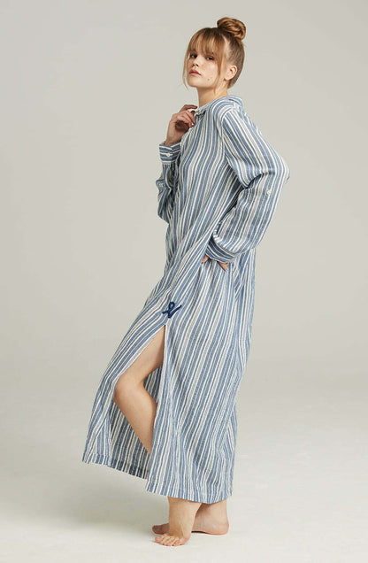 Maxi Shirt Organic Cotton French Navy Stripe with Side Slits and Mother-of-Pearl Buttons