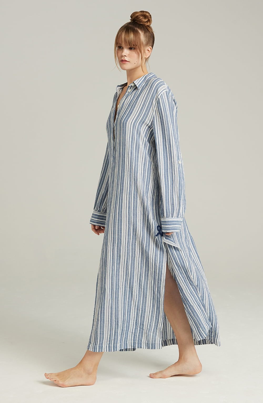Maxi Shirt Organic Cotton French Navy Stripe with Side Slits and Mother-of-Pearl Buttons