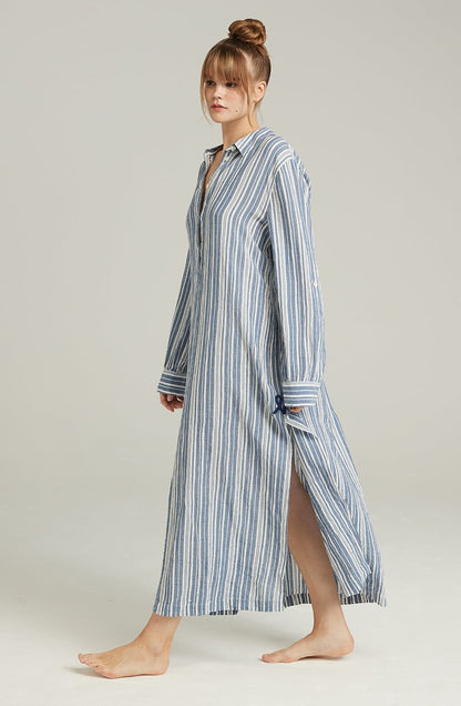 Maxi Shirt Organic Cotton French Navy Stripe with Side Slits and Mother-of-Pearl Buttons